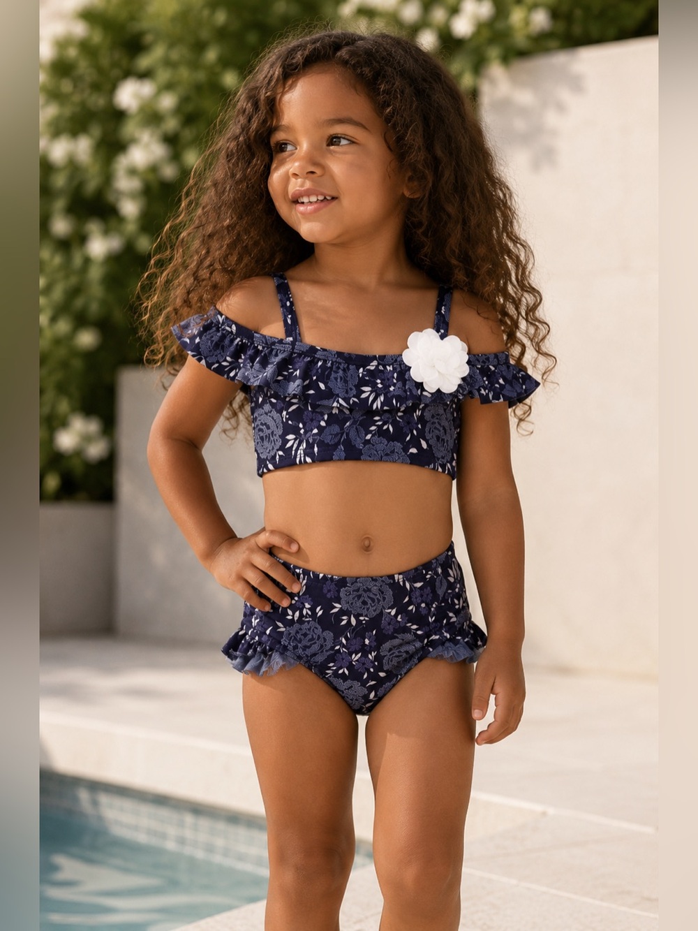 Janie and Jack Navy Floral Ruffle Bikini Swimsuit 18-24M Toddler Girl Retail $52